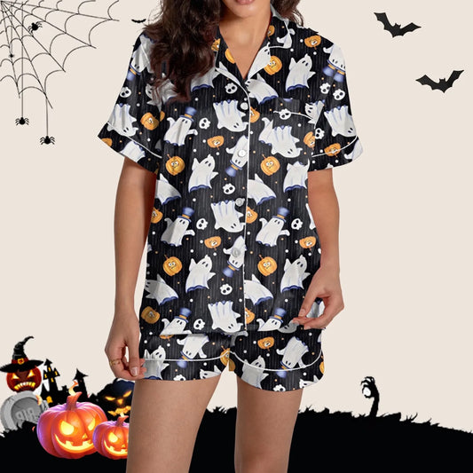 Ladies Halloween Print Pajama Set Silk Satin Set Lapel Short-Sleeved Shirt And Waistband Shorts 2-Piece Set Casual Trend Sets