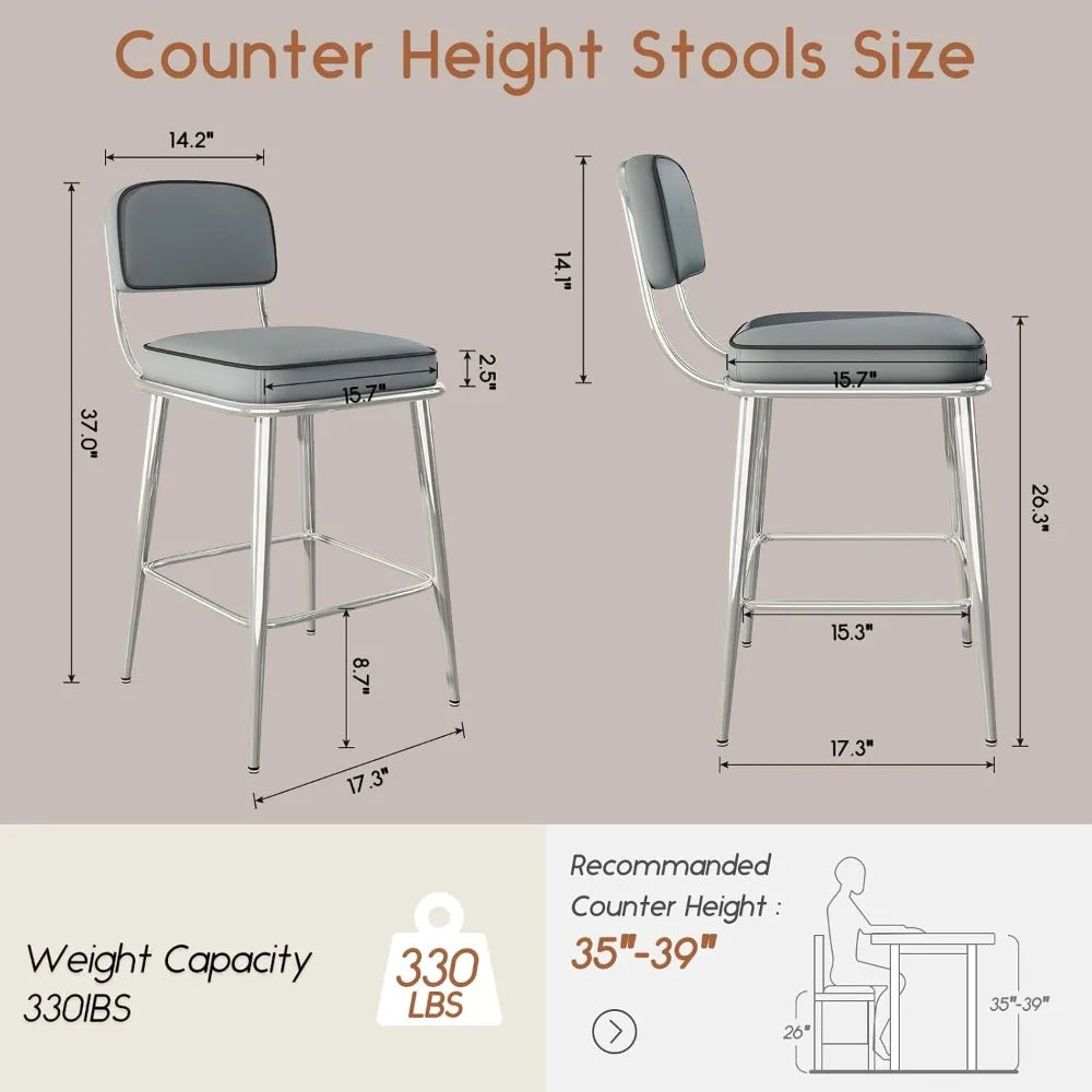 Counter Height Bar Stools Set of 2, 26 inch Pu Leather Upholstered Bar Stools with Backs and Metal Legs, Bar Chair