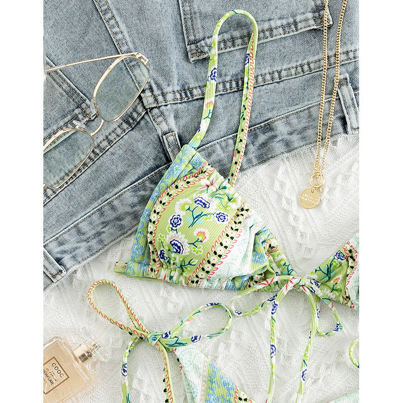 Chinese Style Printed Sub-system Belt Swimsuit