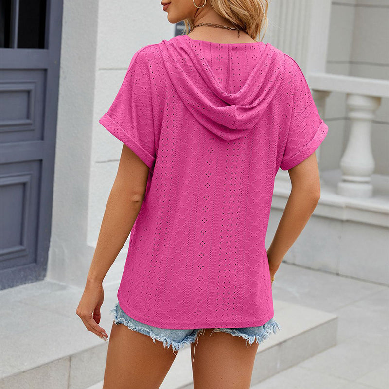 Modern Comfort: Solid Color Hooded Button T-shirt - Loose Hollow Design Short-sleeved Top