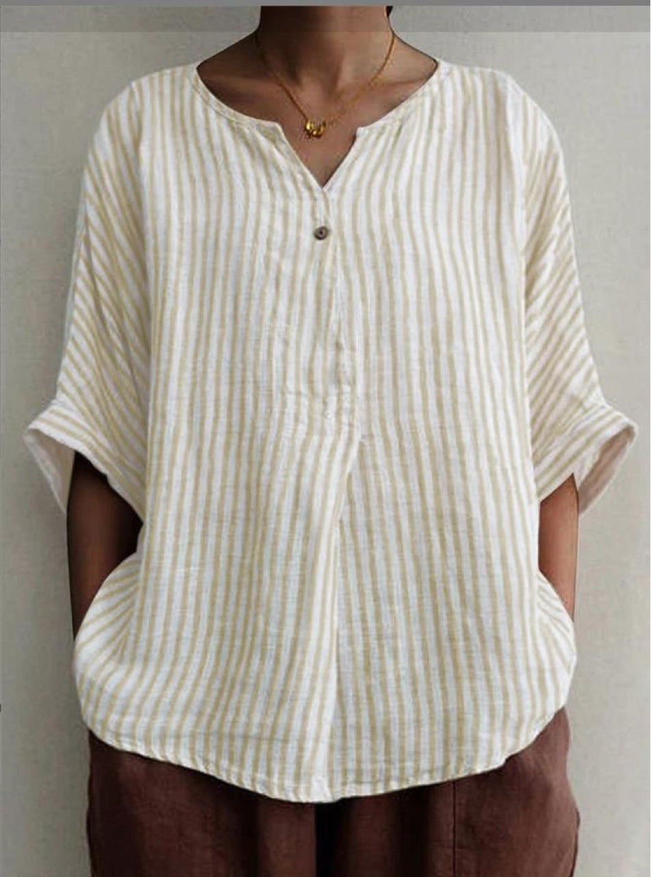 V-neck Striped Loose Short-sleeved Cotton And Linen Shirt