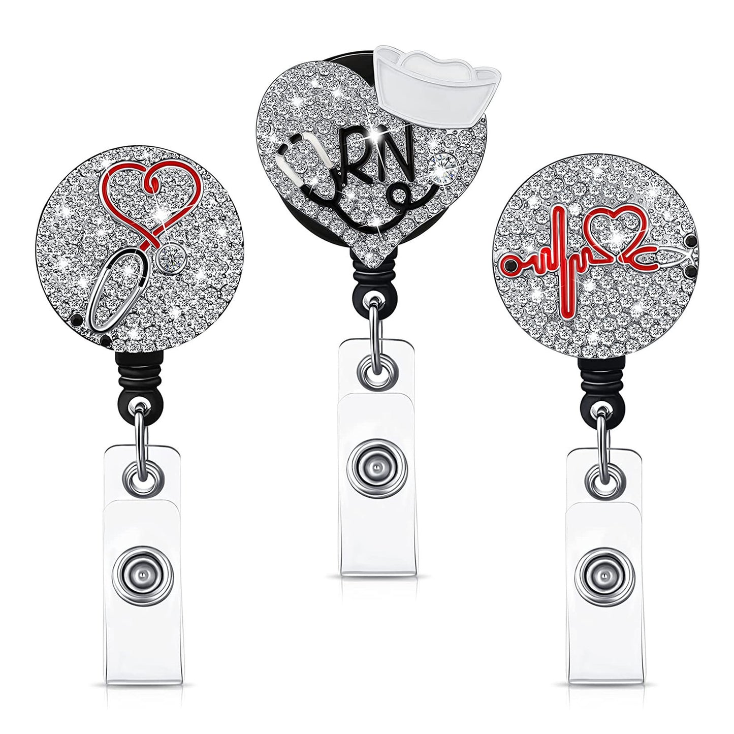 Silver Shiny Glass Rhinestone Love Heart Nurse Hat ECG Stethoscope Retractable Rotating Pull Peels Voucher Buckle