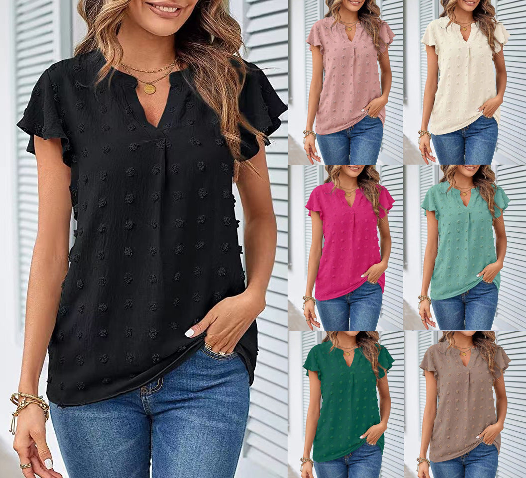 Breezy Charm: Women's Summer V Neck Ruffle Short Sleeve Blouse - Dot Flowy Shirt Top