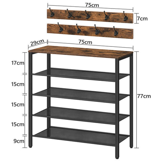 4-tier Shoe Rack With Grid Rack Wooden Rustic Foyer Shoe Rack With Coat Hook, Suitable For The Steel Frame Of The Living Room Mud Room At The Front Door Of The Corridor