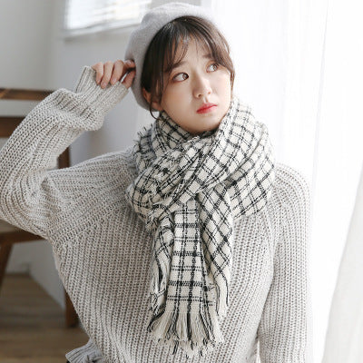 Color Block Plaid Raw Edge Thermal Scarf Woven Jacquard