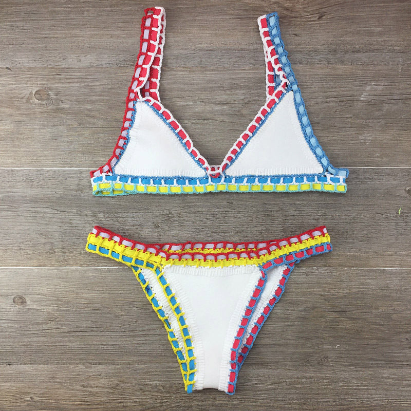 Europe And The United States Sexy Hand Crochet Colorful Bikini Set, Spell Color Rubber, Ladies Knitted Swimwear Wholesale