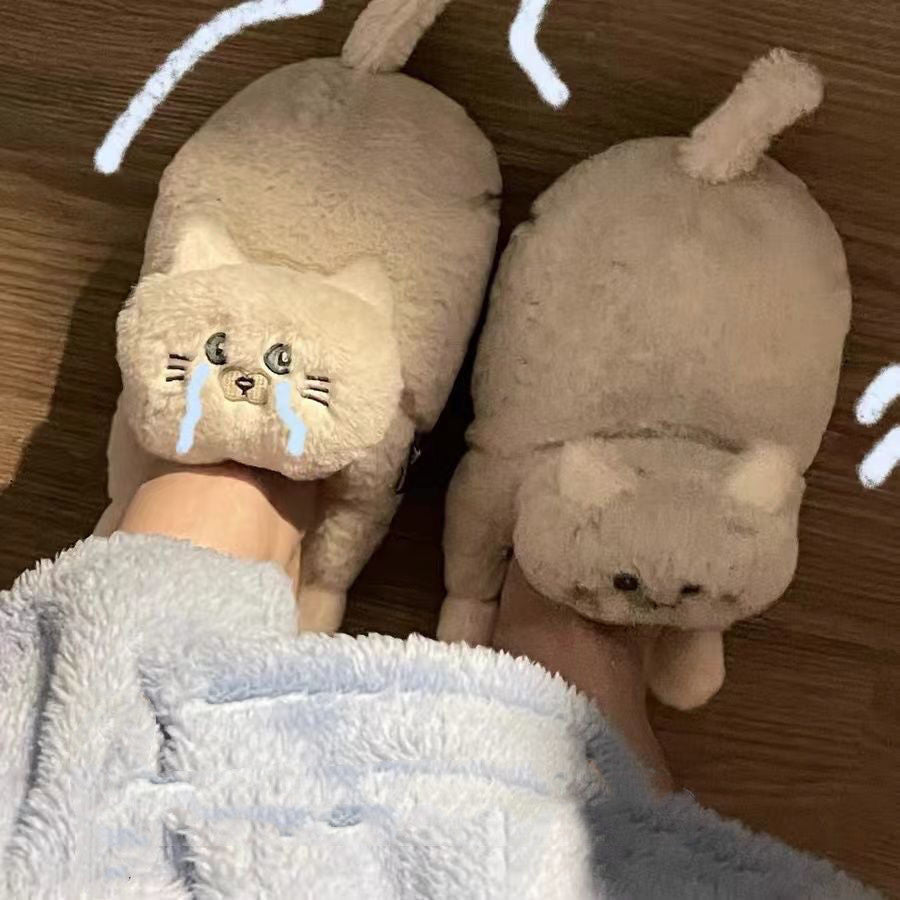 Cute Cat Hug Plush Cotton Slippers