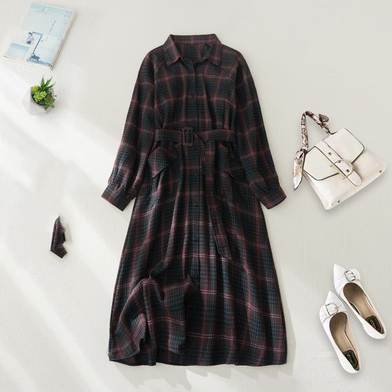 BritPlaid: British-style plaid lace-up waist slimming shirt coat, a retro dress for women with a touch of elegance.