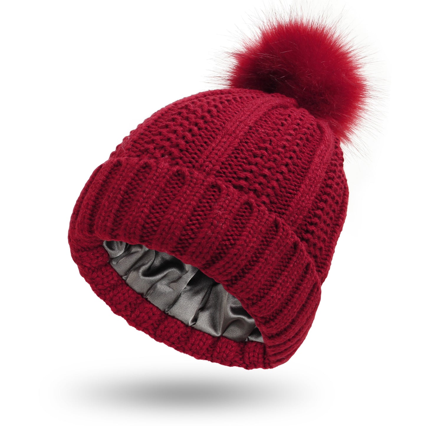 Moda rozciągliwa satynowa podszewka czaszki czapki robione na drutach czapka typu Beanie dla kobiet Faux futro czapka z pomponem czapka z pomponem zimowa utrzymuj ocieplenie czapka typu Beanie