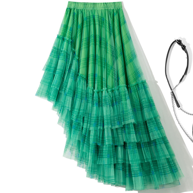 Elastic Waist Asymmetric Layer Gauze Skirt Front Short Back Long Fishtail Skirt