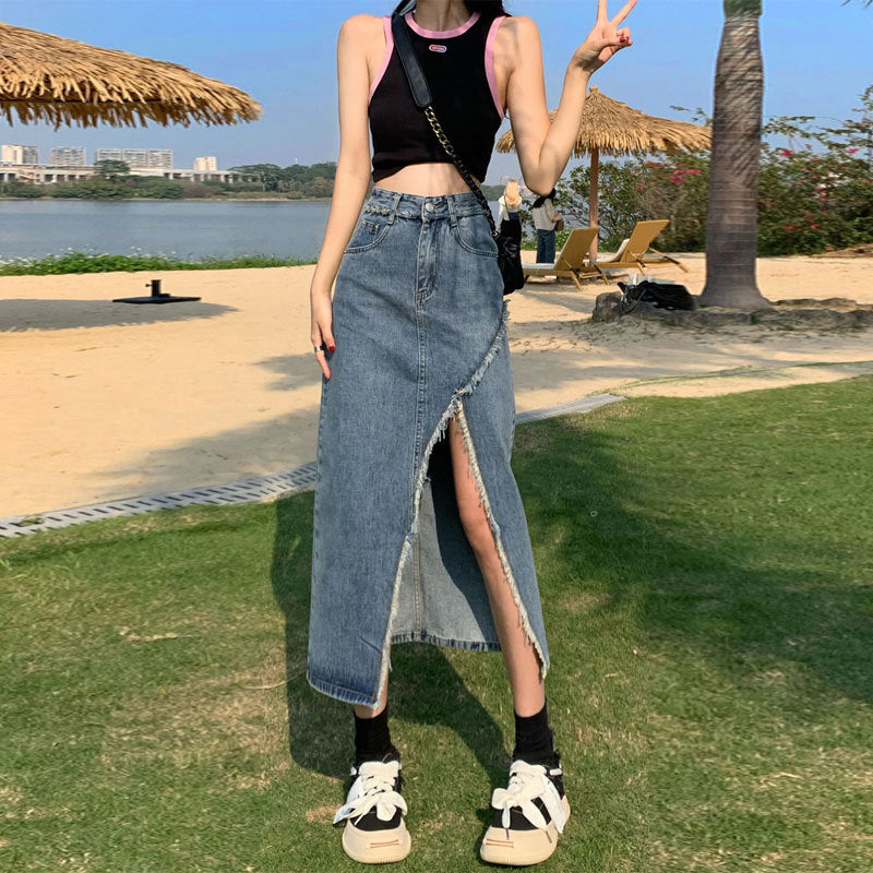 Irregular Slit Denim Skirt Female Ins Style Hot Girl Raw Edges Design