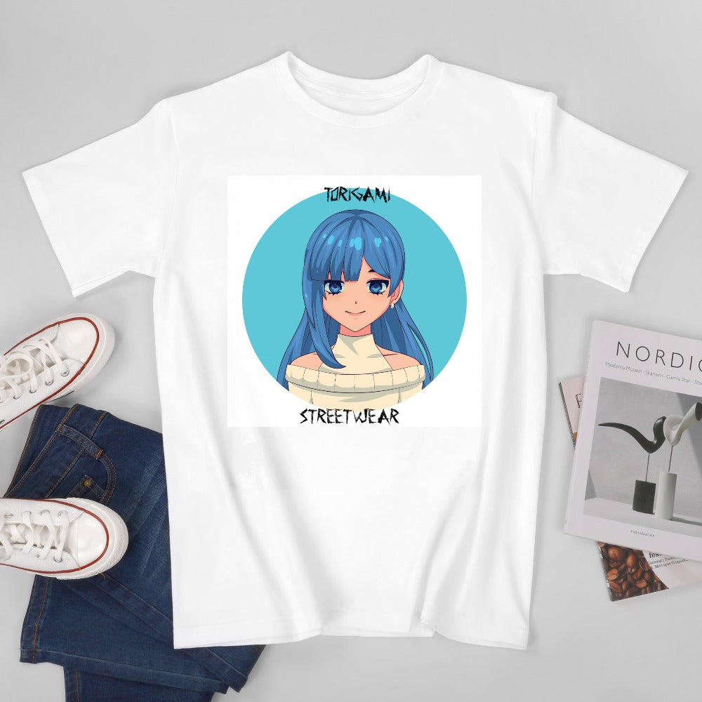 CWS ToriGami Streetwear Japan コージーウィンターストアより Happy Blue Haired Girl Pure cotton Men's T-shirt