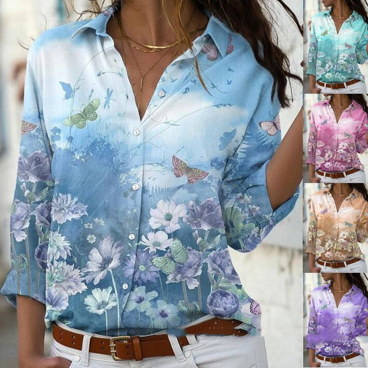 Women's Printed Long-sleeved Lapel Shirt