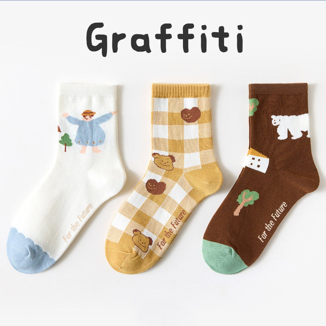 Whimsical Delights: Set aus drei bedruckten Baumwollsocken für Damen – verspielter Komfort für Ihren Alltagsstil