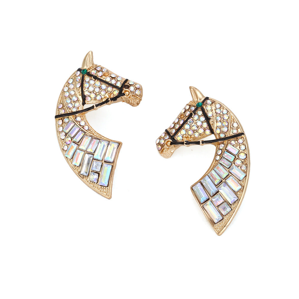 Minimalist Creative Alloy Rhinestone Earrings Retro Fashion Horse Head Color AB Diamond