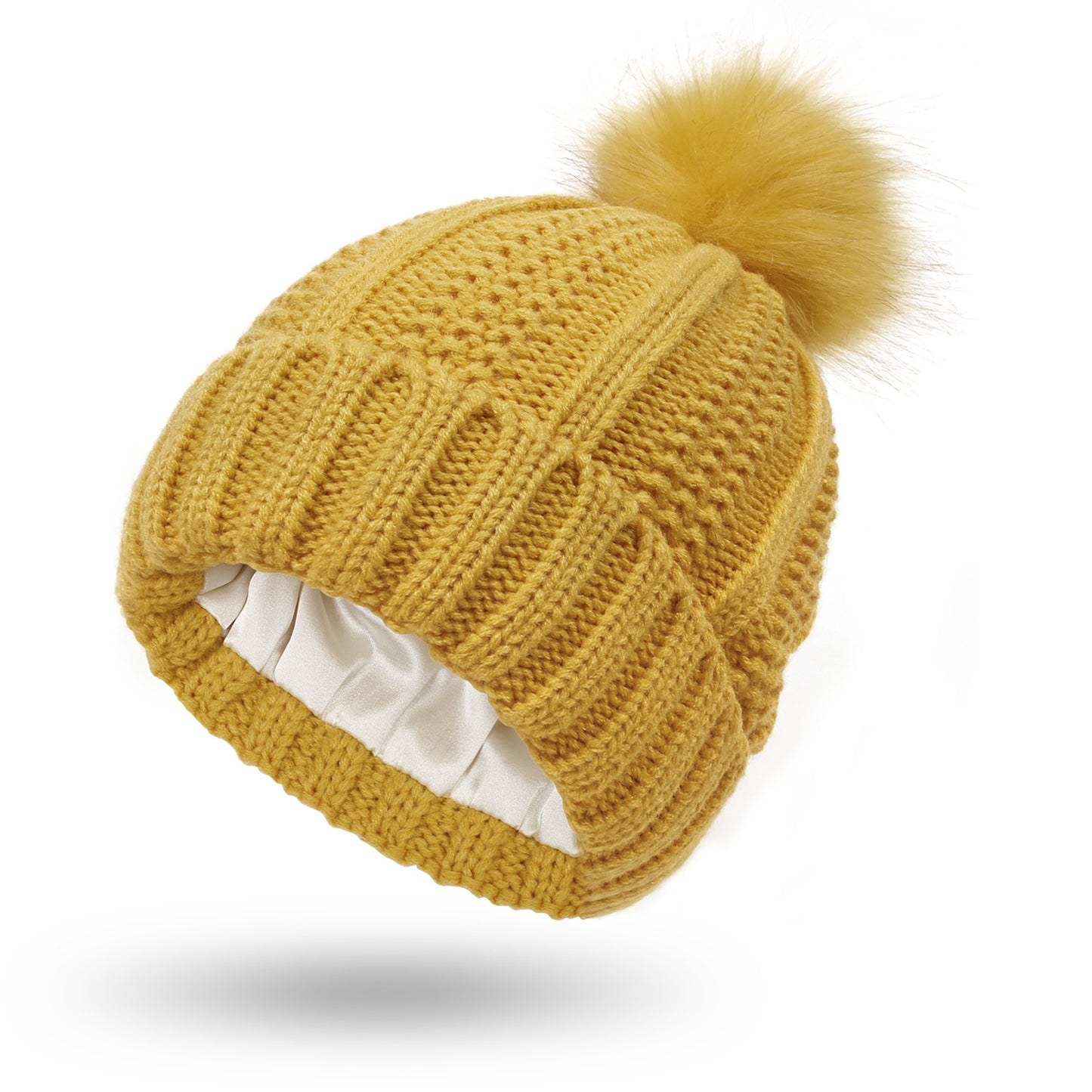 Moda rozciągliwa satynowa podszewka czaszki czapki robione na drutach czapka typu Beanie dla kobiet Faux futro czapka z pomponem czapka z pomponem zimowa utrzymuj ocieplenie czapka typu Beanie