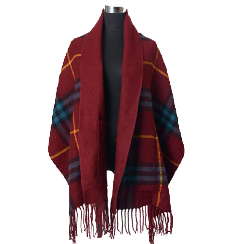 Pocket Scarf Cashmere Fringe Plaid Shawl