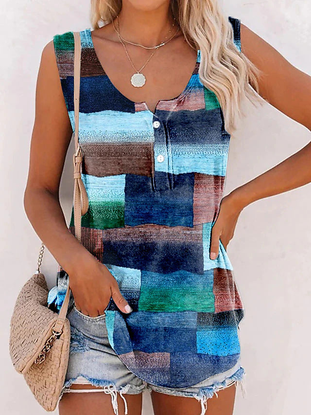 New Striped Printed Button Loose U-neck Vest T-shirt