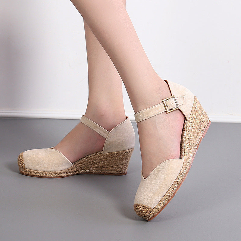 Spring And Autumn Suede Word Buckle High Heel Hollow Shoes