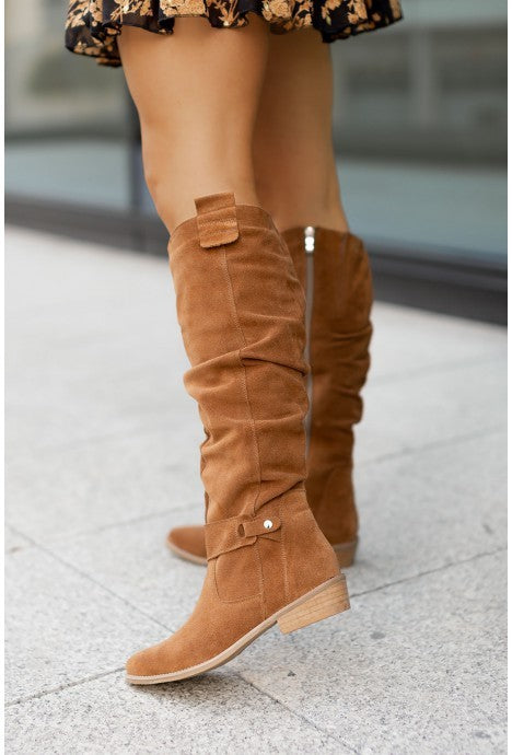 Elevate your style effortlessly with LunaGrace's Low Heel Suede High Boots: Autumn/Winter perfection, side zipper convenience for a chic and comfortable look.