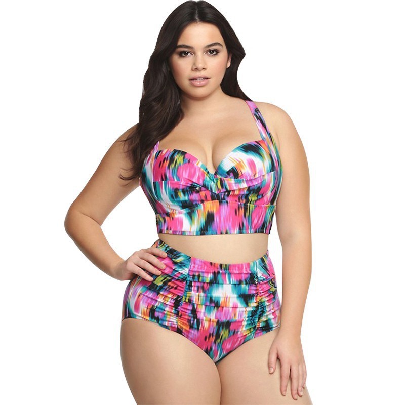 Printed Push Up Bikini Swimsuit Ladies Split High Waist Plus Size Multicolor