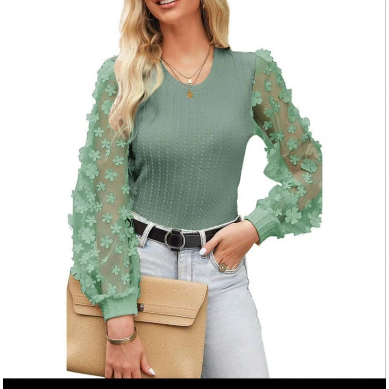 Damen Mesh Kleine Blume Chiffon Shirt Sommer Rundhals Langarm Top