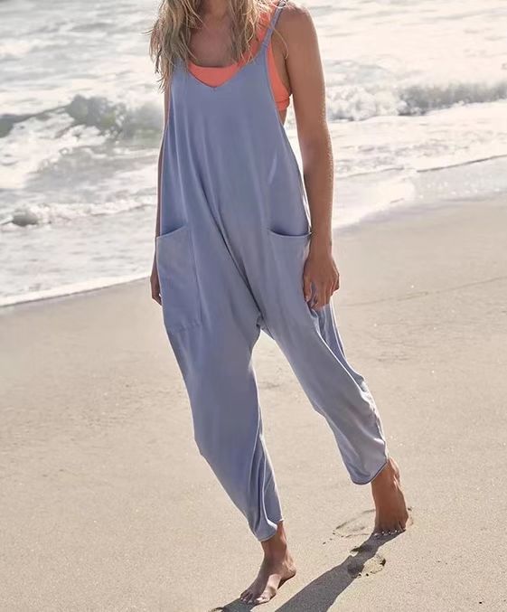 Sommer Damen Loose Sleeveless Jumpsuits Spaghetti Strap Lange Hose Romper Jumpsuit mit Taschen Reißverschluss