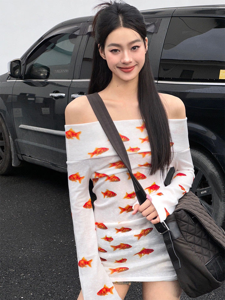 One Shoulder Goldfish Print Long Sleeved Dress