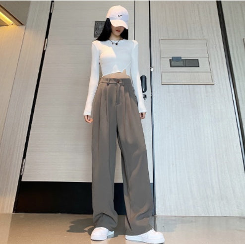 Velcro Suit Pants Women's Fall High-waisted, Loose And Slim Straight Pants White, Floor Sweeping, Wide-leg Pants