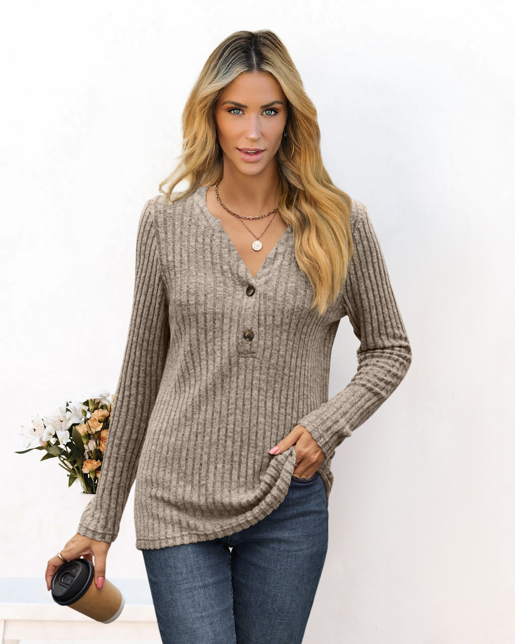 Classic Simplicity: Solid color V-neck long sleeve t-shirt.