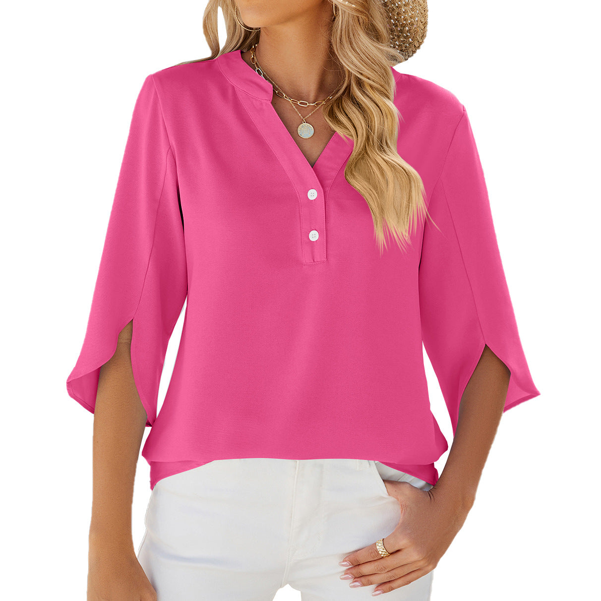 Lady Simplicity: Button V-neck Mid-sleeve Chiffon Shirt - Solid Color Top for Women's Clothing