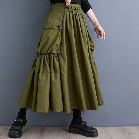 Loose Slimming Workwear Large Pocket Large Hem High Waist Pleated Skirt