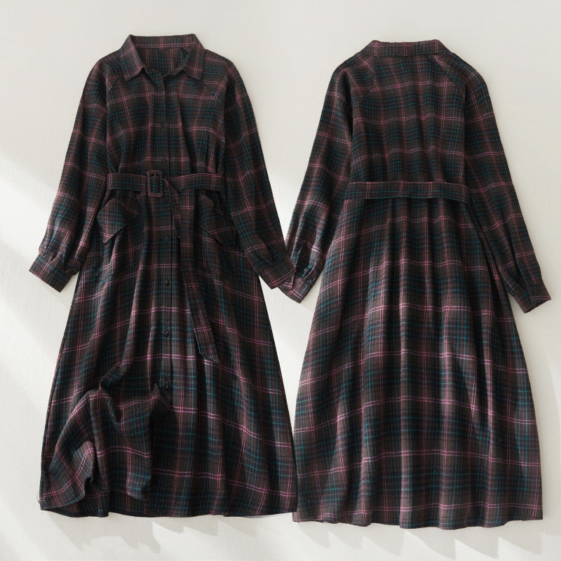 BritPlaid: British-style plaid lace-up waist slimming shirt coat, a retro dress for women with a touch of elegance.