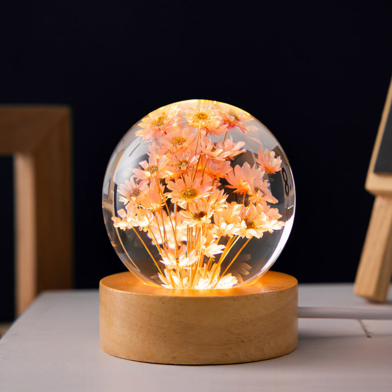 LED Night Light Flower Crystal Ball Children Night Lamp With Woodern Base Bedroom Ambient Light Creative Gift Night Light