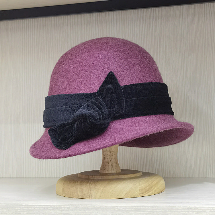 Autumn And Winter Woolen Velvet Bow Decoration Bucket Hat