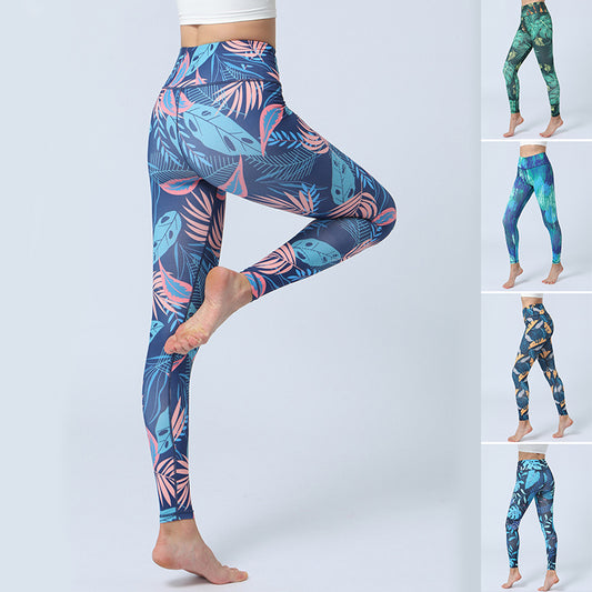 Modische Yogahose mit Blätter-Print für Damen, hohe Taille, Hüftheben, Sport-Fitness-Leggings