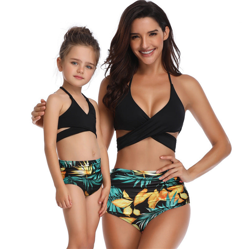 Parent-child Swimsuit Printed High Waist Bikini Ruffled Mother And Daughter Swimwear