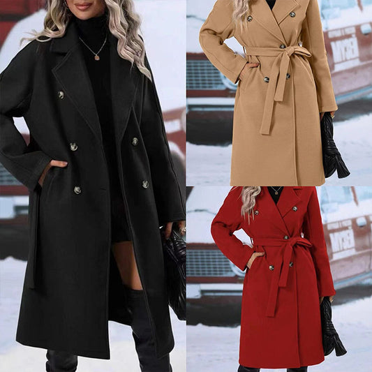 Zeitlose Dame: Einfarbiger Trenchcoat für Damen mit Polokragen, verdickt, mit Schnürung und zweireihig für einen stylischen Look.