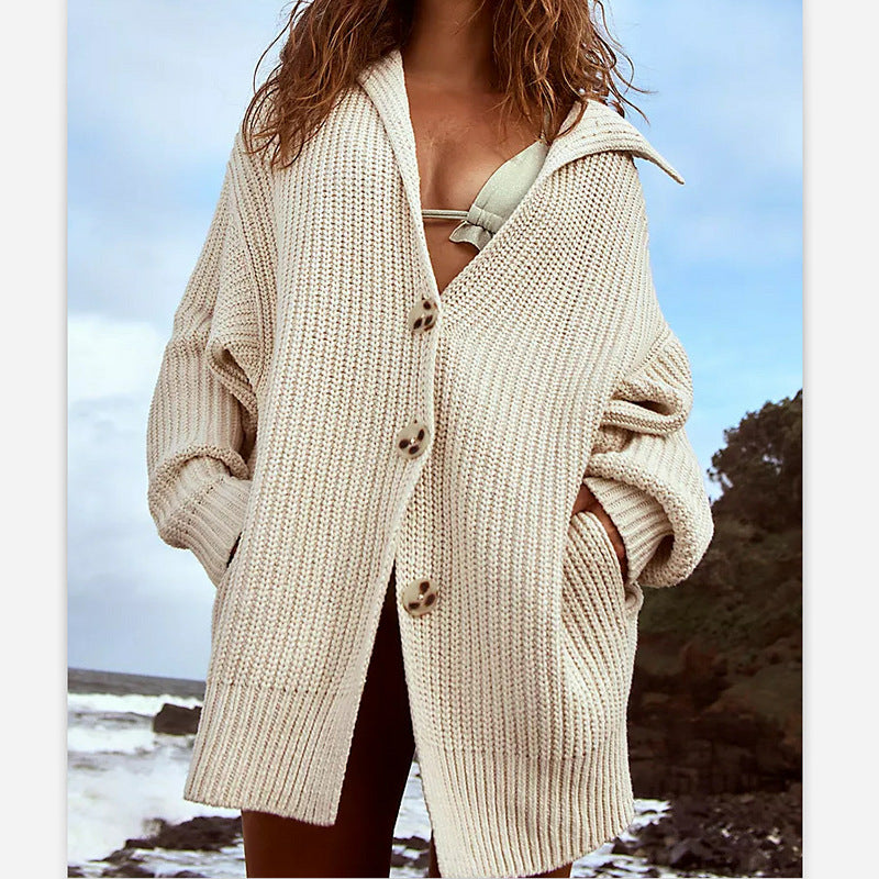 Women's Lapel Pocket Knitted Cardigan Button Mid-length Coat