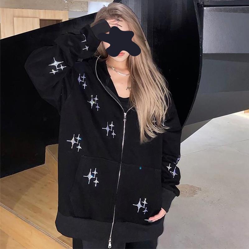 Loose XINGX Rhinestone Zipper Hooded Sweater