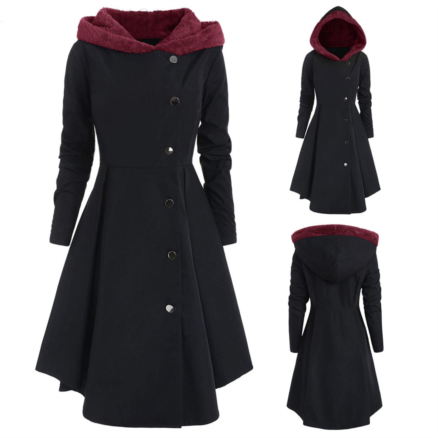 FestiveFlare: Bombshell-Weihnachts-Trenchcoat für Damen, ein langer Mantel mit Kapuze für einen stylischen und fröhlichen Look.