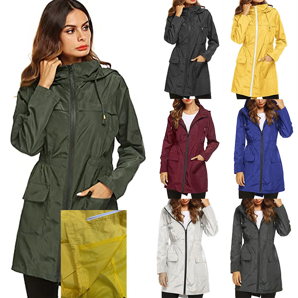 Damen Regenmantel mit Kapuze und Taille, Regenmantel, mittellanger Trenchcoat