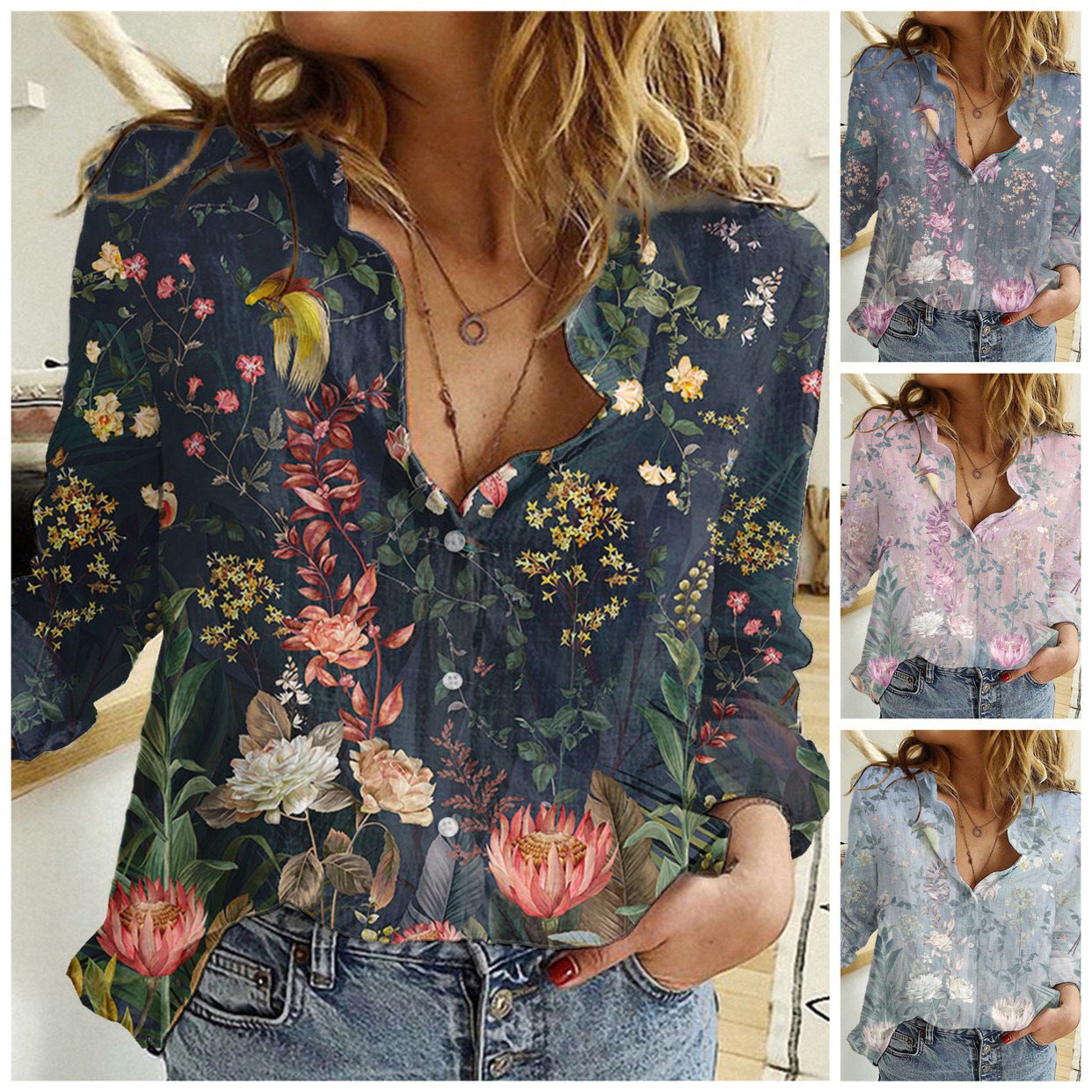 Digital Printing Long Sleeve Lapel Casual Shirt