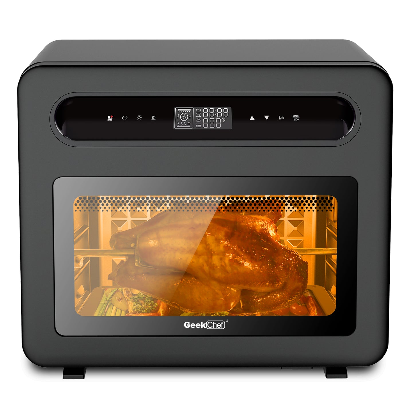 Geek Chef Dampf-Heißluftfritteuse-Toastofen-Kombination, 26 QT Dampf-Konvektionsofen für die Arbeitsplatte, 50 Kochvoreinstellungen, mit 6 Toastscheiben, 12 Pizzascheiben, schwarzer Edelstahl.