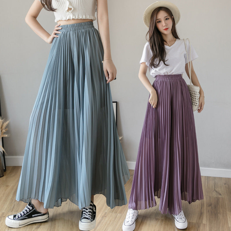 Loose-Fitting Pleated Chiffon Wide-Leg High-Waist Straight Skirt Pants for Women