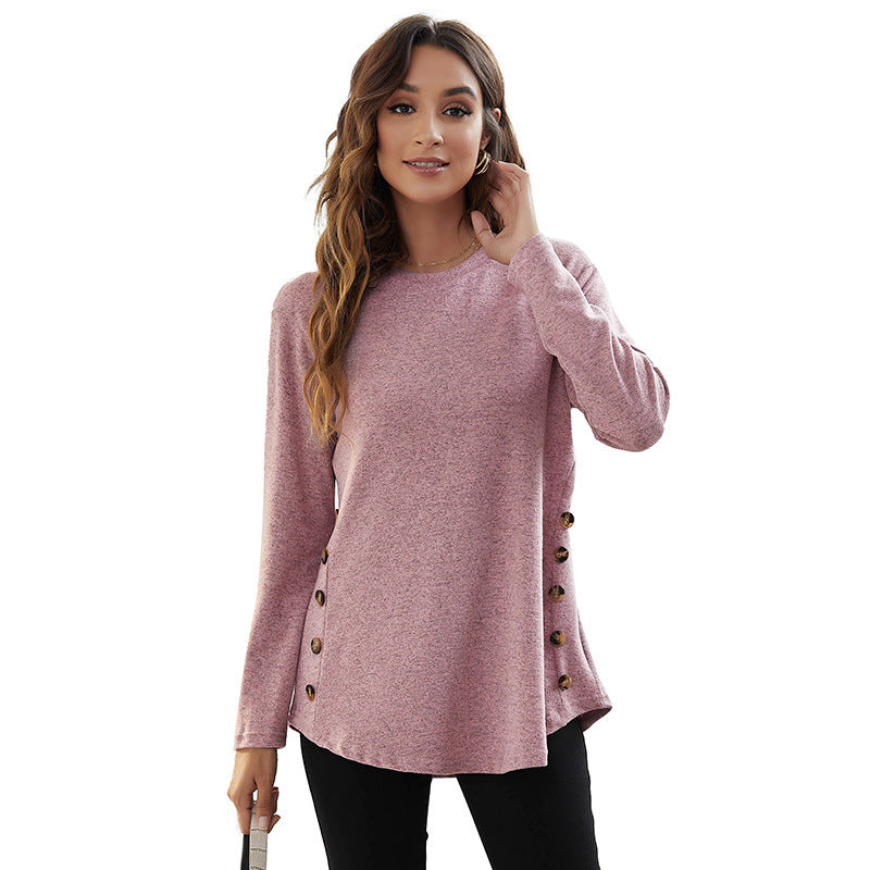 Women's Clothing Crew Neck Casual Simple Buttons Long Sleeve