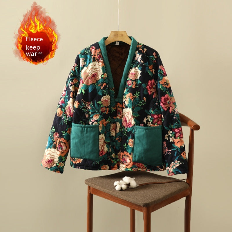 Blumenjacke mit ethnischem Druck, Fleece-gefütterter, dicker, baumwollgefütterter Mantel, Damenbekleidung in Übergröße