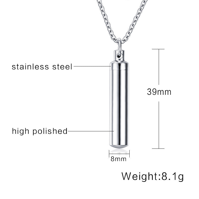 Essence Elysium: Stainless Steel Cylindrical Perfume Bottle Pendant.