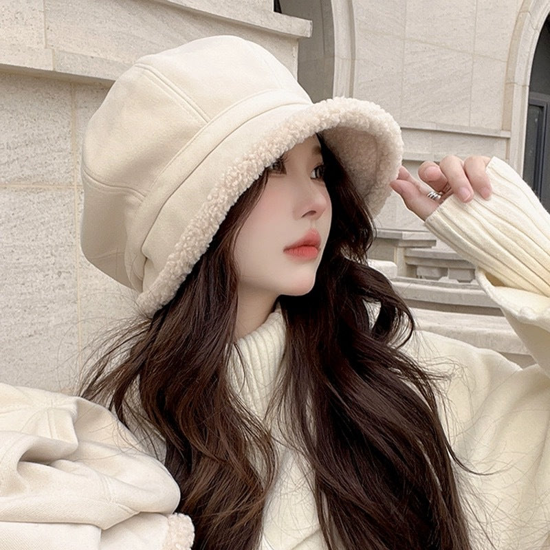 Beret Women's Autumn And Winter Big Head Circumference Fleece-lined Warm Pile Heap Cap Bucket Hat