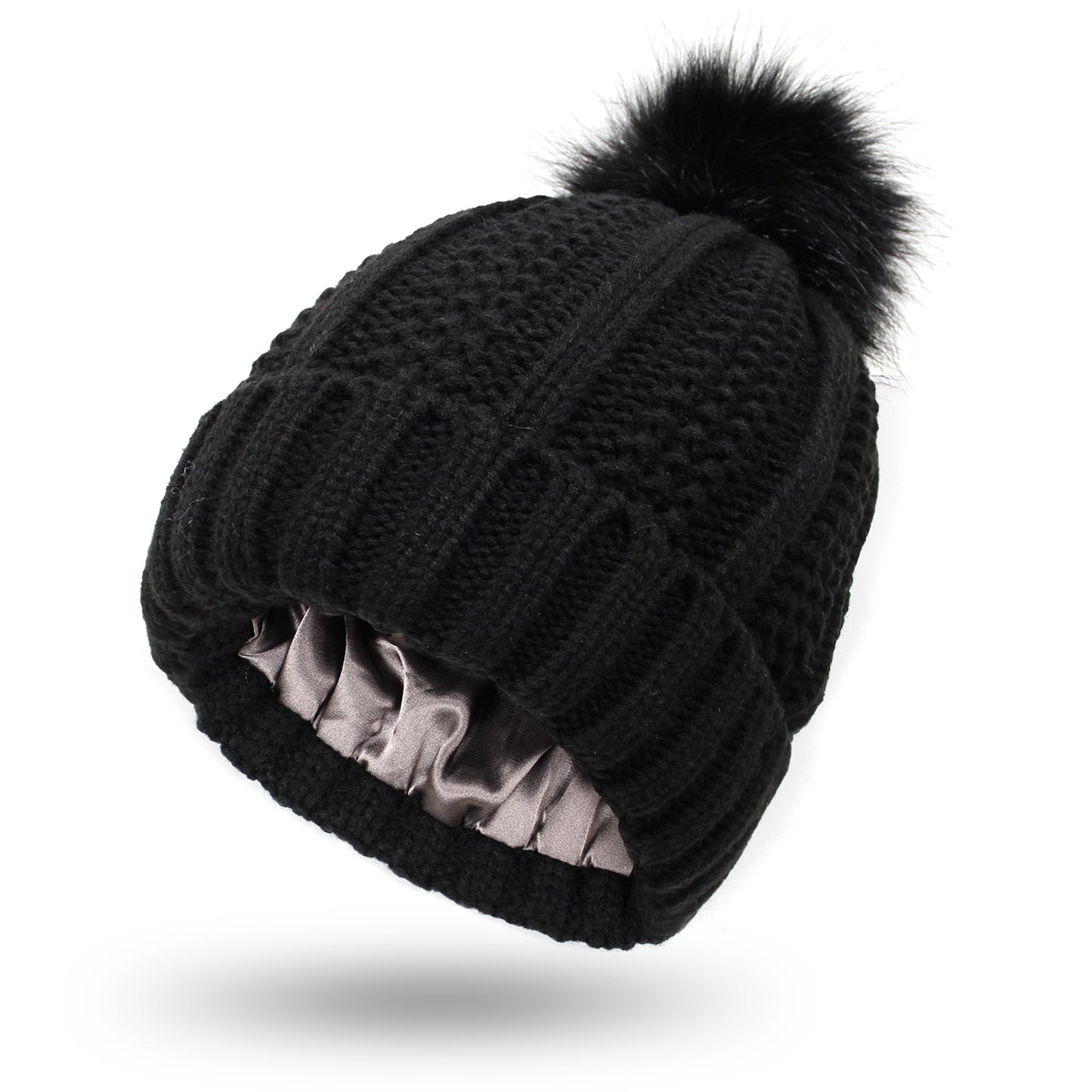 Moda rozciągliwa satynowa podszewka czaszki czapki robione na drutach czapka typu Beanie dla kobiet Faux futro czapka z pomponem czapka z pomponem zimowa utrzymuj ocieplenie czapka typu Beanie